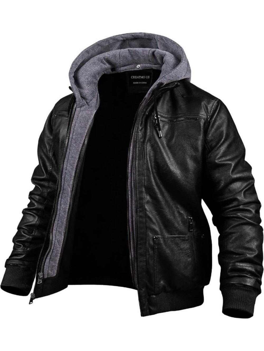 Men's Waterproof Windproof Faux Leather Motorcycle Bomber Jacket with Removable